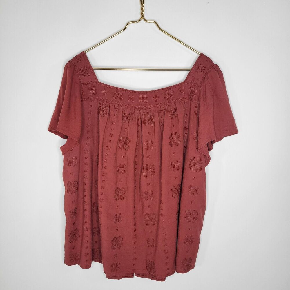 TORRID Red Brown Square Neck Top Size 3X Embroidered Boho Flutter Sleeve Peasant - Picture 4 of 11